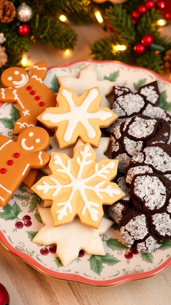 A colorful plate of assorted Christmas cookies including gingerbread, sugar cookies, and chocolate crinkles, set against a festive holiday backdrop.